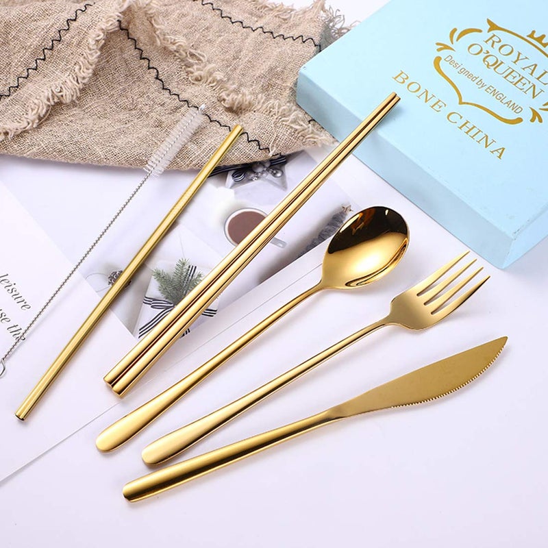 AARAINBOW 6 Pieces 18/8 Stainless Steel Flatware Set Portable Reusable Cutlery Set Travel Utensils Set Including Chopsticks Knife Fork Spoon Straws Cleaning Brush Dishwasher Safe (Golden) - Image 2